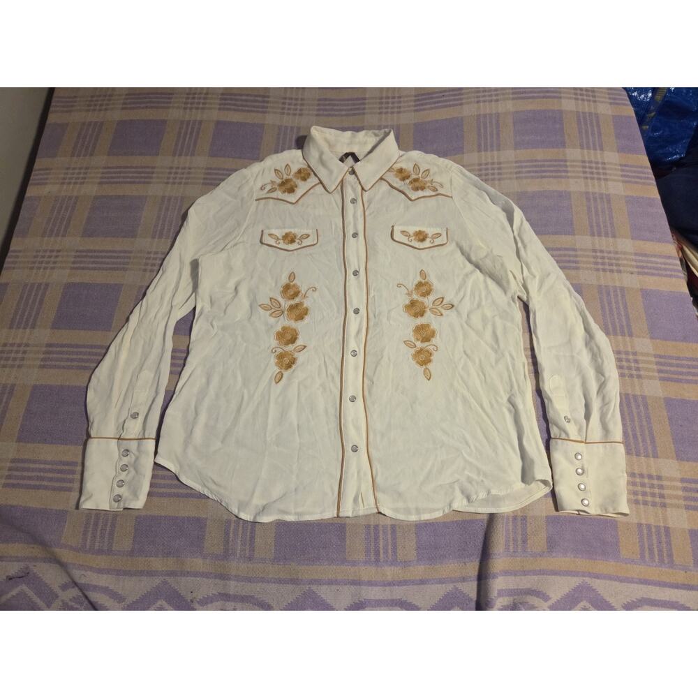 Stetson Western Shirt Womens Long Sleeve Retro Large White Embroidered Flowers